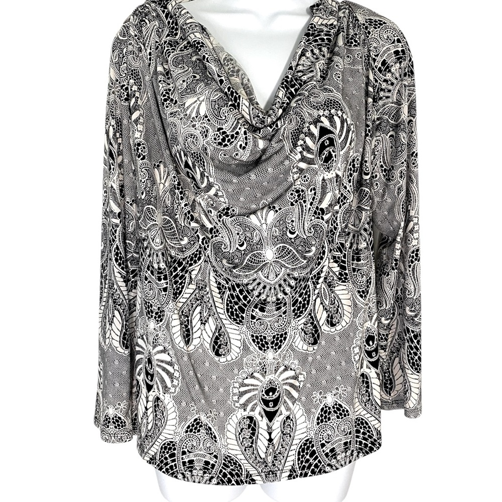Worthington cowl neck Black and White Patterned Blouse size XL